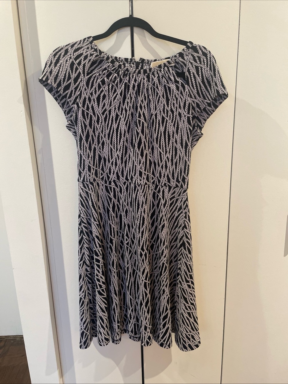 Michael Kors Black and White Printed Cap-Sleeve Fit-and-Flare Dress